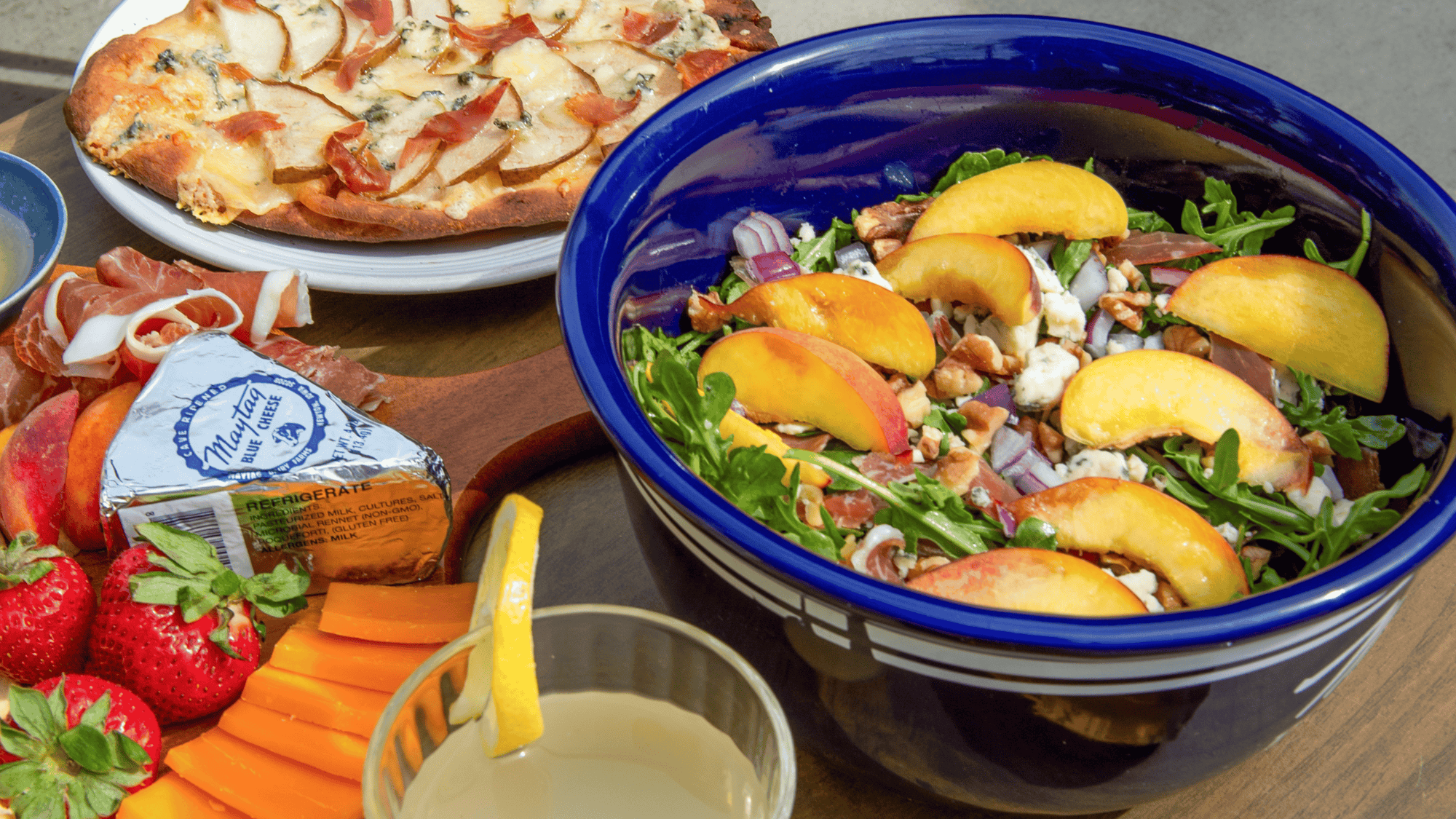 Peach, Arugula, & Blue Salad with Honey Lemon Vinaigrette