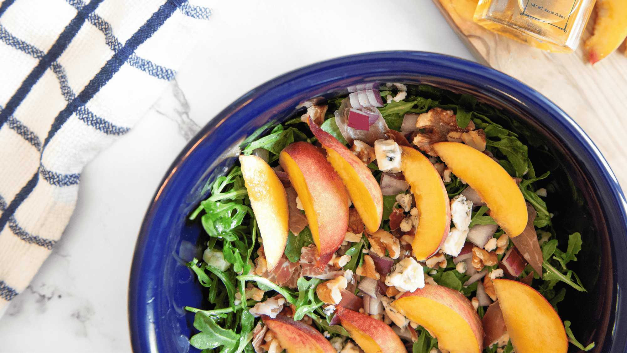 Peach, Arugula, & Blue Salad with Honey Lemon Vinaigrette