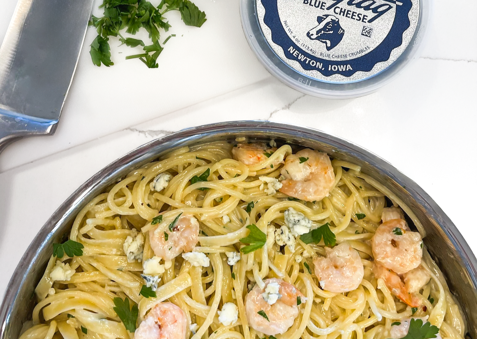 Creamy Maytag Blue Cheese Pasta with Shrimp